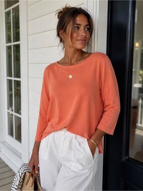 Coldwater Creek Silk Cotton Coral Boat Neck Lightweight 3/4 Sleeve Knit Sweater